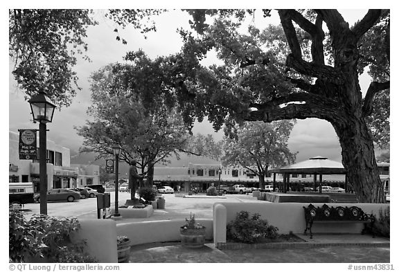 Plazza, trees and buildings in adobe style. Taos, New Mexico, USA