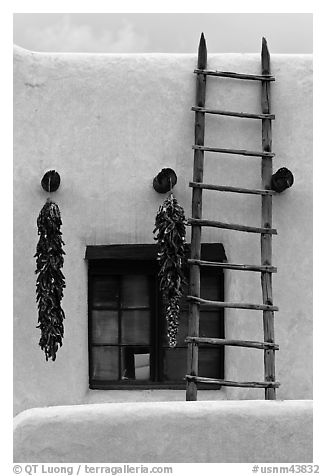 Strings of red peppers and ladder on building in pueblo style. Taos, New Mexico, USA (black and white)