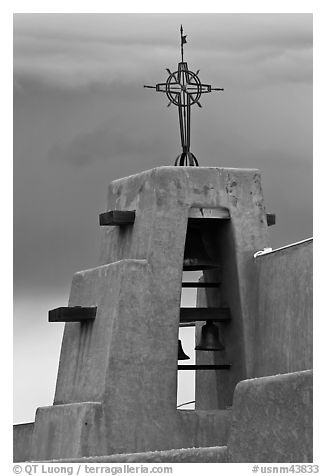 Church Bell tower in adobe style. Taos, New Mexico, USA (black and white)