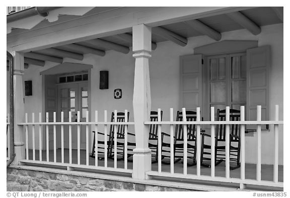Porch of historic house. Taos, New Mexico, USA (black and white)