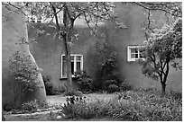 Garden and pueblo revival style building. Taos, New Mexico, USA (black and white)