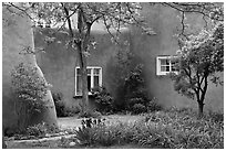 Garden and pueblo revival style building. Taos, New Mexico, USA (black and white)