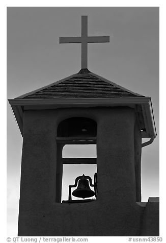 Bell tower at sunset, San Francisco de Asisis church, Rancho de Taos. Taos, New Mexico, USA (black and white)