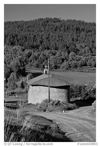 Rural church with adobe walls and tin roof. New Mexico, USA