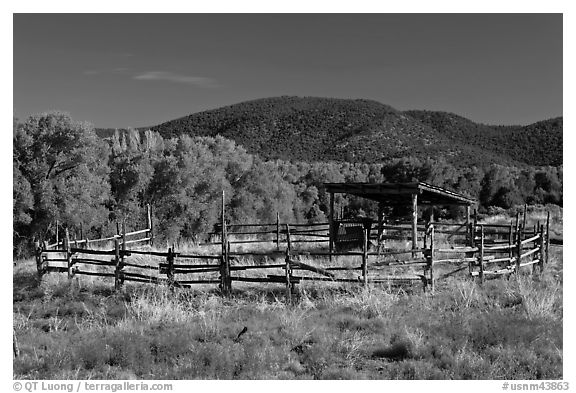 Cattle enclosure, Picuris Pueblo. New Mexico, USA (black and white)