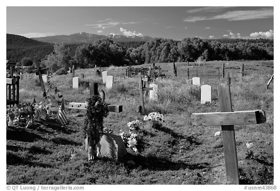 Crosses and headstones, cemetery, Picuris Pueblo. New Mexico, USA (black and white)