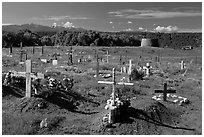 Cemetery and kiva, Picuris Pueblo. New Mexico, USA (black and white)