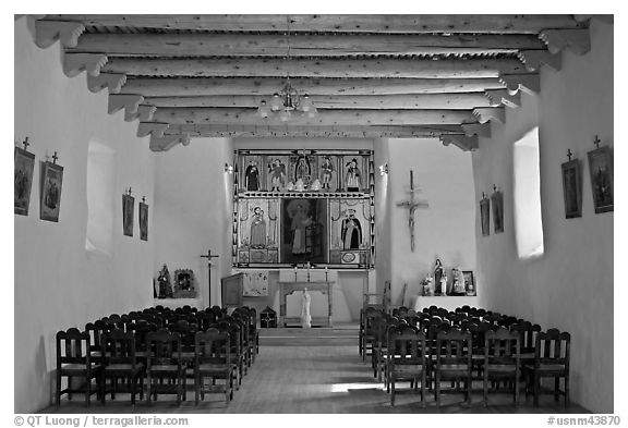 Interior of San Lorenzo Church, Picuris Pueblo. New Mexico, USA (black and white)