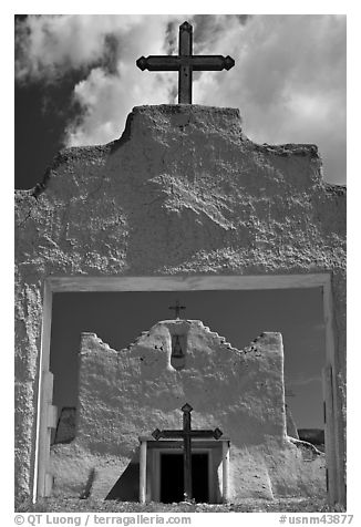 San Lorenzo Church seen through adobe walls, Picuris Pueblo. New Mexico, USA (black and white)