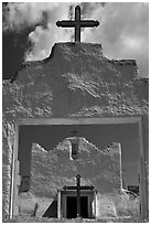 San Lorenzo Church seen through adobe walls, Picuris Pueblo. New Mexico, USA (black and white)