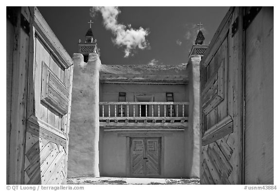 Church San Jose de Gracia seen through front doors. New Mexico, USA (black and white)