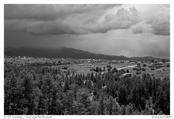 Truchas and Sangre de Christo Mountains with approaching storm. New Mexico, USA (black and white)