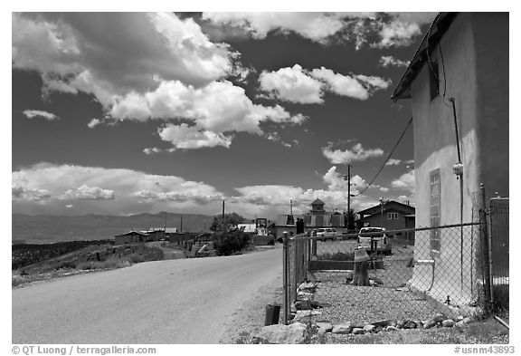 House and main street, Truchas. New Mexico, USA (black and white)