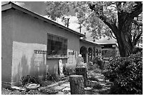 Gallery with sculptures in front yard, Truchas. New Mexico, USA ( black and white)
