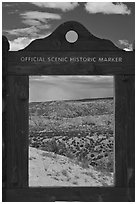 Scenery framed by historic marker. New Mexico, USA (black and white)