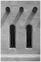 Vigas and deep windows in pueblo style, Sanctuario de Chimayo. New Mexico, USA (black and white)
