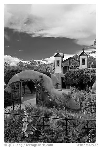 Grounds and shrine, Sanctuario de Chimayo. New Mexico, USA (black and white)