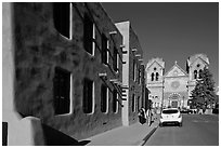 Side of the American Indian art museum and St Francis Cathedral. Santa Fe, New Mexico, USA ( black and white)