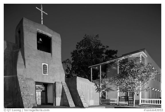 Church of San Miguel by night. Santa Fe, New Mexico, USA