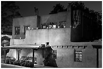 House in Spanish pueblo revival style by night. Santa Fe, New Mexico, USA ( black and white)