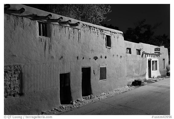 Oldest house in the US at night. Santa Fe, New Mexico, USA (black and white)