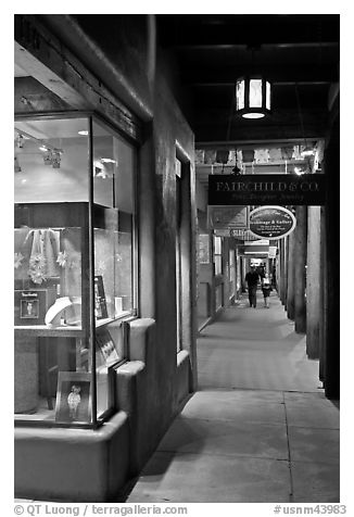 Gallery and columns by night. Santa Fe, New Mexico, USA