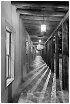 Gallery bordering Sena Plazza by night. Santa Fe, New Mexico, USA (black and white)