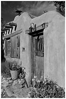 Flowers, adobe wall, and weathered door. Santa Fe, New Mexico, USA (black and white)