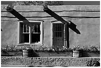 Adobe facade with flowers, windows, and vigas shadows. Santa Fe, New Mexico, USA (black and white)