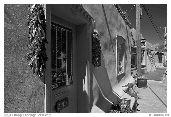 Ristras hanging in front of art gallery, Canyon Road. Santa Fe, New Mexico, USA