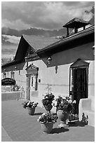 Potted flowers and gallery, old town. Albuquerque, New Mexico, USA ( black and white)