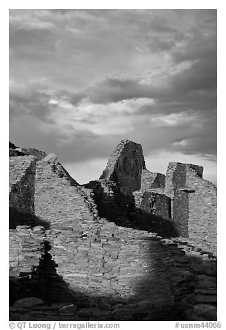 Last light on ruined walls, Pueblo Bonito. Chaco Culture National Historic Park, New Mexico, USA