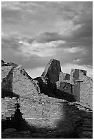 Last light on ruined walls, Pueblo Bonito. Chaco Culture National Historic Park, New Mexico, USA (black and white)