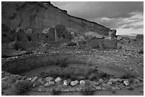 Pueblo Bonito at the foot of Chaco Canyon northern rim. Chaco Culture National Historic Park, New Mexico, USA (black and white)