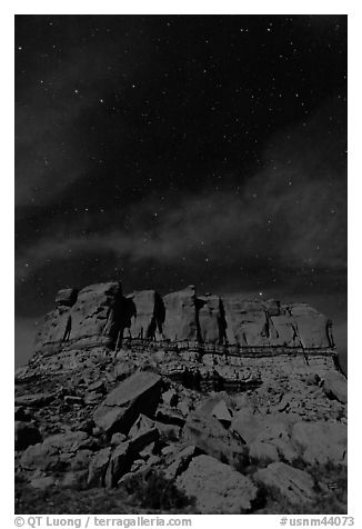 Stars over cliff. Chaco Culture National Historic Park, New Mexico, USA (black and white)