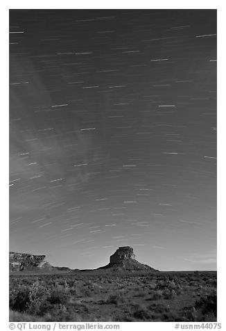 Star trails over Fajada Butte. Chaco Culture National Historic Park, New Mexico, USA (black and white)