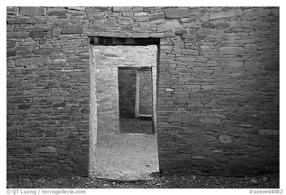 Aligned doorways. Chaco Culture National Historic Park, New Mexico, USA (black and white)