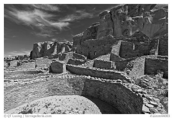 Ancient pueblo. Chaco Culture National Historic Park, New Mexico, USA (black and white)