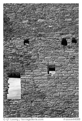 Sky seen from masonery wall windows. Chaco Culture National Historic Park, New Mexico, USA (black and white)