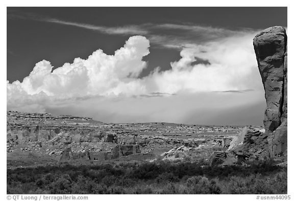 Pueblo Bonito, cliff, and clouds. Chaco Culture National Historic Park, New Mexico, USA (black and white)