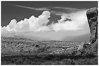 Pueblo Bonito, cliff, and clouds. Chaco Culture National Historic Park, New Mexico, USA (black and white)