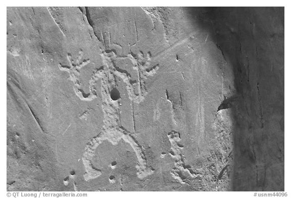 Carved rock figures of a man. Chaco Culture National Historic Park, New Mexico, USA (black and white)