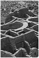 Rooms of Pueblo Bonito seen from above. Chaco Culture National Historic Park, New Mexico, USA (black and white)