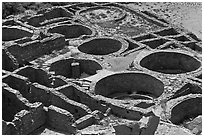 Kivas and rooms of Pueblo Bonito seen from above. Chaco Culture National Historic Park, New Mexico, USA (black and white)