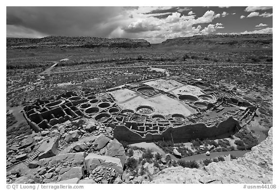 Ancient pueblo complex layout seen from above. Chaco Culture National Historic Park, New Mexico, USA