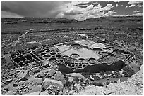 Ancient pueblo complex layout seen from above. Chaco Culture National Historic Park, New Mexico, USA (black and white)