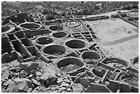 Rooms, kivas, and plaza from above  Pueblo Bonito. Chaco Culture National Historic Park, New Mexico, USA (black and white)