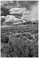 Canyon floor, cliffs, and clouds. Chaco Culture National Historic Park, New Mexico, USA (black and white)