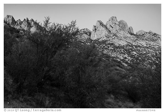Organ Mountains at dawn. Organ Mountains Desert Peaks National Monument, New Mexico, USA (black and white)