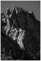 Needles and moon. Organ Mountains Desert Peaks National Monument, New Mexico, USA ( black and white)
